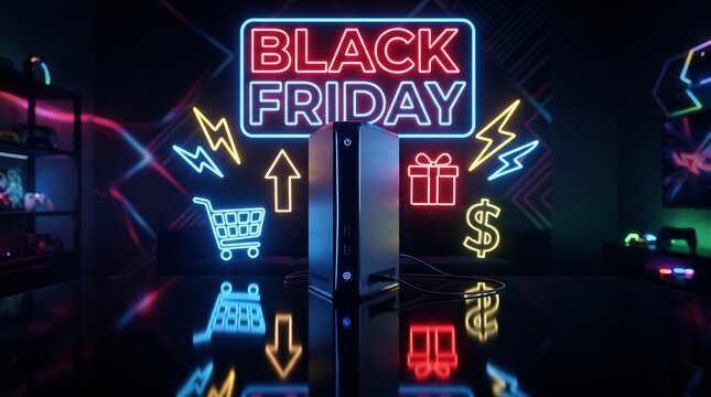 Neon black friday sale sign with shopping icons and vibrant lighting effects