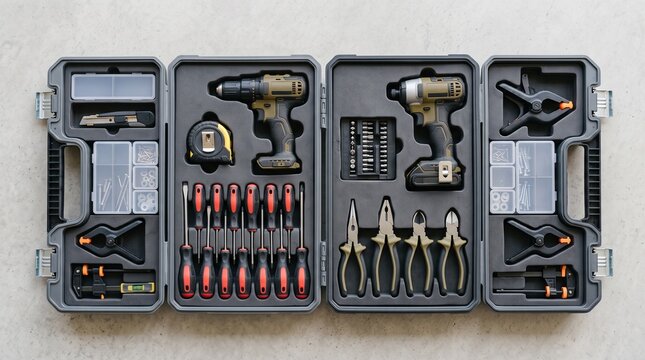 Professional complete tool kit in an open hard plastic case featuring cordless power drills, screwdrivers, pliers, and various hand tools for home repair.
