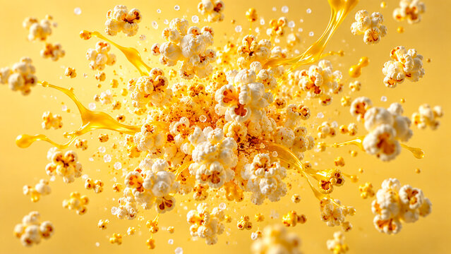 Exploding popcorn flying from a striped cinema box on a bright yellow background, ideal for movie, entertainment, snack, theater and creative advertising campaigns.