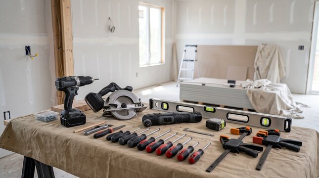 Set of Professional Construction Tools and Power Equipment on a Workbench Inside a House Under Renovation with Drywall and Building Materials Background