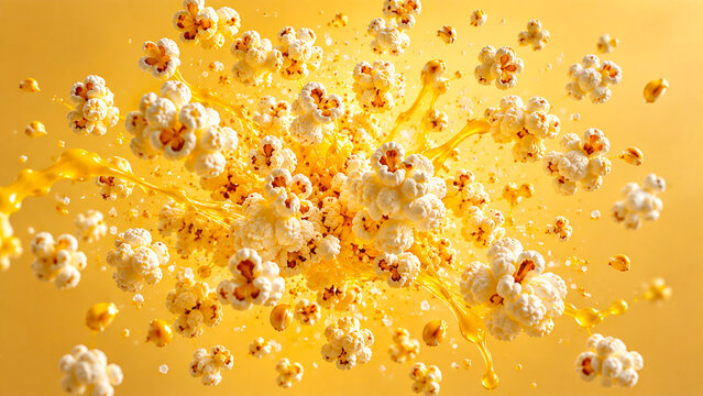 Exploding popcorn flying from a striped cinema box on a bright yellow background, ideal for movie, entertainment, snack, theater and creative advertising campaigns.