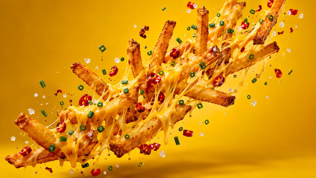 Surreal floating crispy French fries with melted cheese, herbs and spices on a bright yellow background, ideal for fast food, restaurant, delivery and creative advertising.