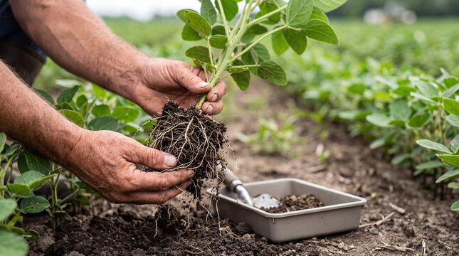 Farmer's hands examining soybean plant roots in a field during daylight with selective focus