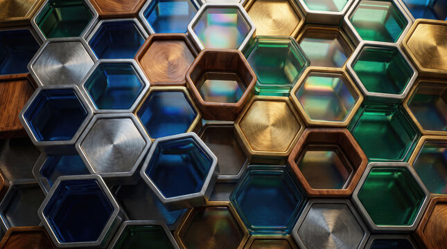 Abstract honeycomb pattern of metallic and translucent hexagonal cells with depth