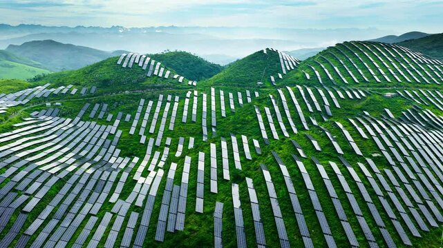 Massive solar panel arrays cover rolling green hills under bright sunlight, with distant hazy mountain ridges stretching to the horizon.