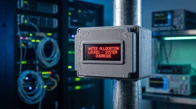 Industrial sensor box on wet steel pole displaying water allocation locked alert