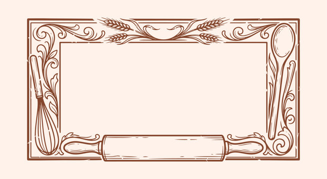 Baking utensils and wheat ears rectangular frame border with copy space in vintage kitchen style