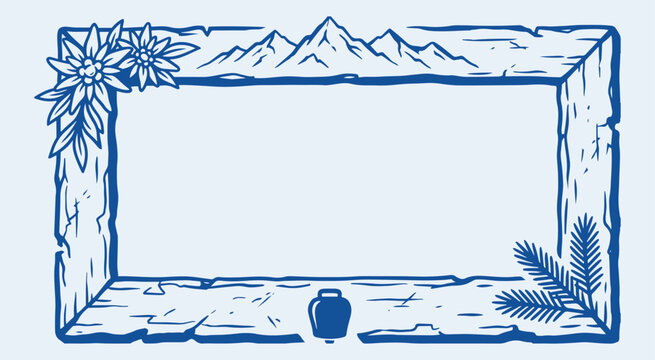 Alpine mountain border frame with edelweiss flowers and pine branch in rustic travel style