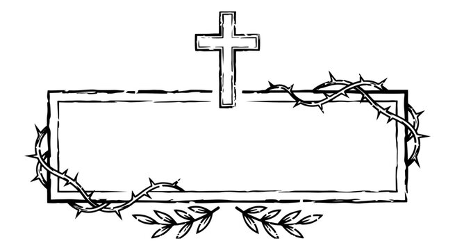 Crown of thorns frame with Christian cross and olive branch for Easter religious template