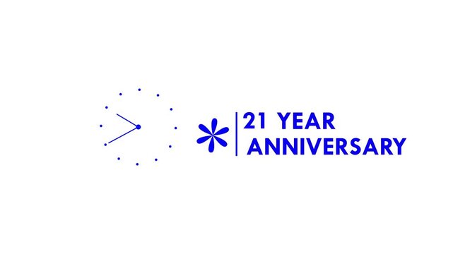 21 years anniversary motion graphic 4K footage with Blue Floral Star Abstract Logo Icon. Animated 21 years Birthday Wishes on White Background with alpha channel