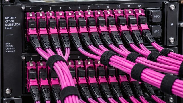 High-Count MPO MTP Multi-Fiber Push-On Trunk Connector Array in Patch Bay