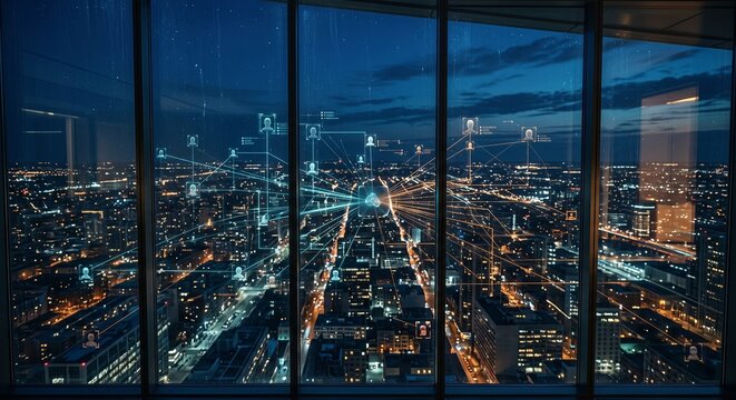 View from futuristic skyscraper window with facial recognition squares and data points mapping crowd in city below