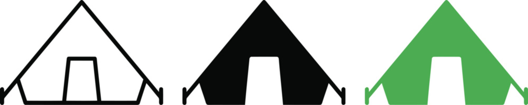 Camping tent icon set featuring three distinct styles including a simple outline, a solid black silhouette, and a green filled