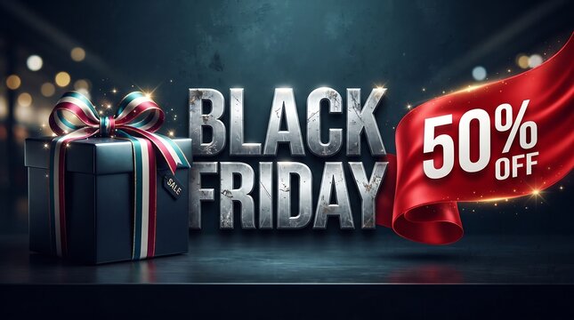 Dramatic black friday sale advertisement with discount and shopping scene elements