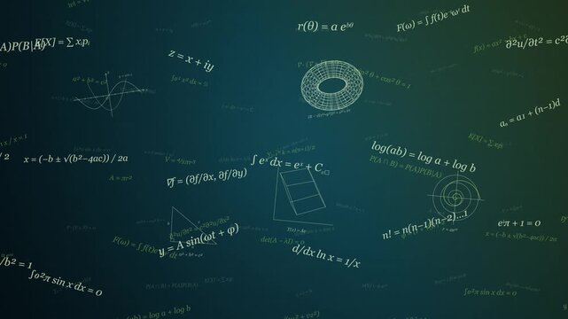 Teal and lime formulas move in a flowing wave field alongside coordinate plots, vectors and three dimensional wireframe studies with a floating camera. Seamless twelve second landscape 4K mathematical