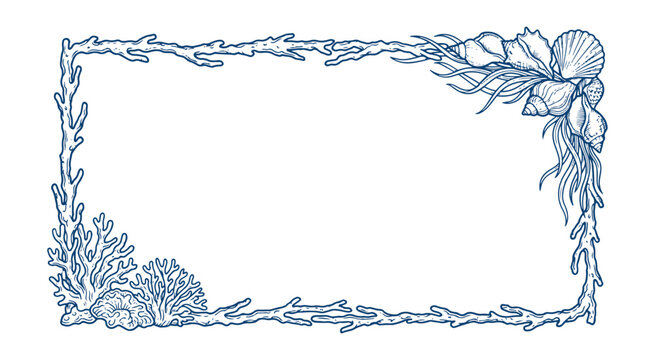 Coral reef and seashell frame with underwater marine life in ocean line art style