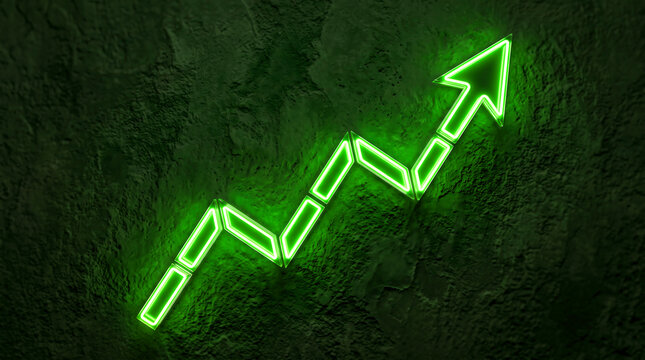 Green neon upward trend arrow on dark textured background