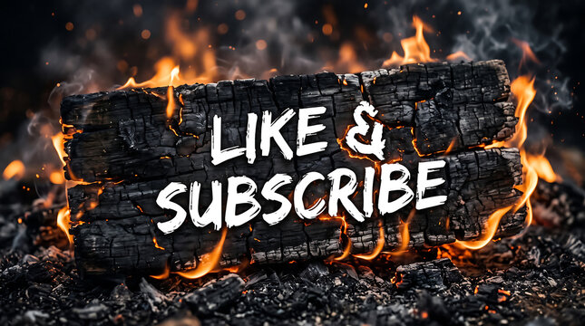Burning log with like and subscribe text overlay on fire