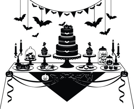 Spooky halloween party dessert table with cake cupcakes and candles vector silhouette illustration for festive holiday celebration design