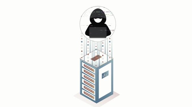 Server tower cabinet connecting to circular cyber security icons
