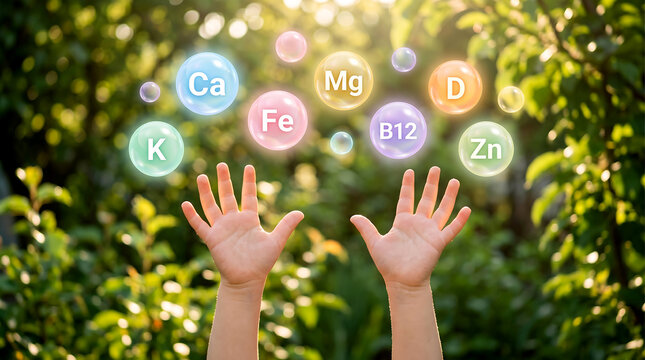 Child hands reaching for essential vitamins and minerals floatin