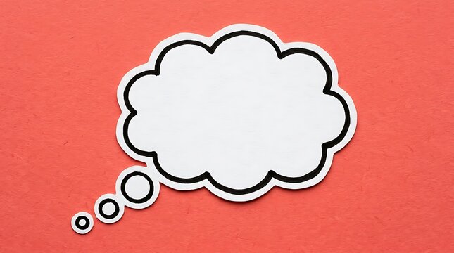 Blank white thought bubble cutout made of textured paper isolated on vibrant red background for creative brainstorming and communication concept design in professional advertising project