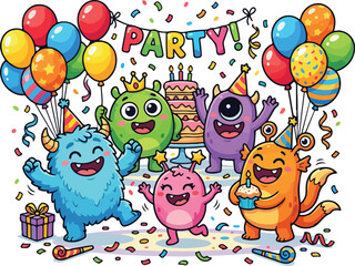 Fototapeta premium Cute colorful monsters celebrating a birthday party with balloons cake and confetti