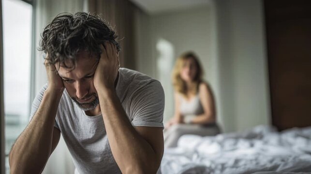Depressed man sitting on the bed while his wife is shouting at him in the background