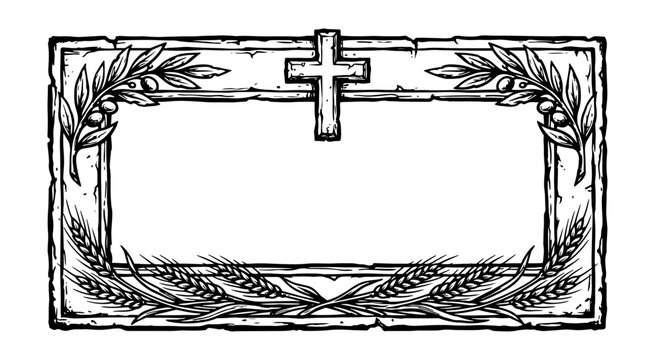 Stone altar frame with christian cross olive branches and wheat stalks in vintage woodcut style