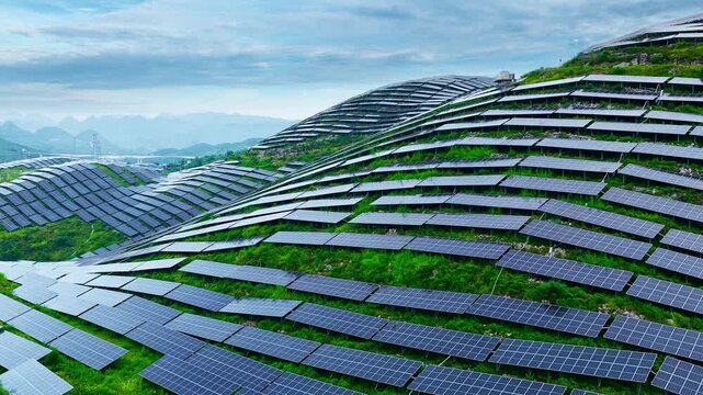 Rows of photovoltaic solar panels cover rolling green mountain slopes under a bright blue sky filled with soft clouds in daylight.