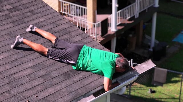 Man lies on a shingle roof and reaches into a rain gutter to clear debris near the downspout, illustrating risky residential roof maintenance. 15406  