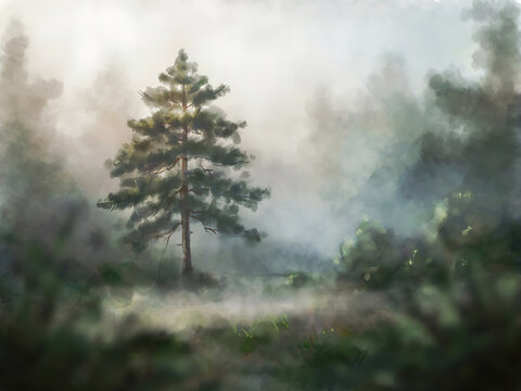 Misty Pine Tree in Forest