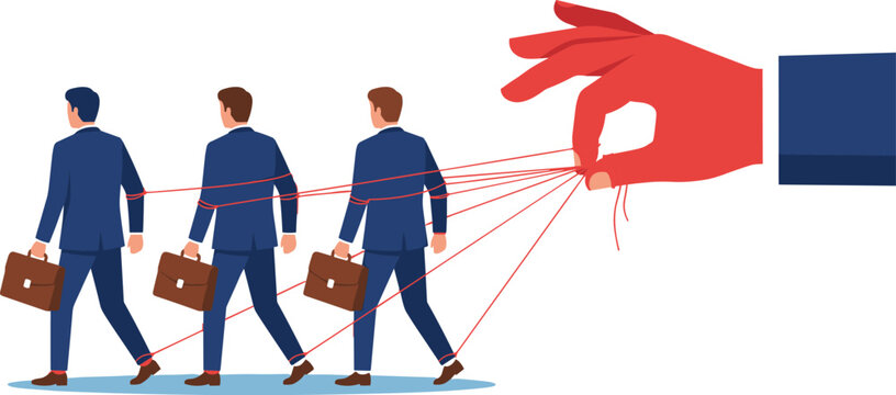 Giant hand controlling businessmen with strings vector illustration representing corporate manipulation and puppet master concept