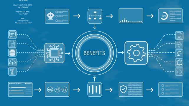 BENEFITS workflow automation system with intelligent data processing, business analytics, cloud integration, Technology background. 4k video