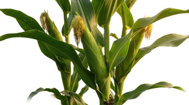 Fresh green corn plant with ears of corn growing in the field with long leaves isolated on white