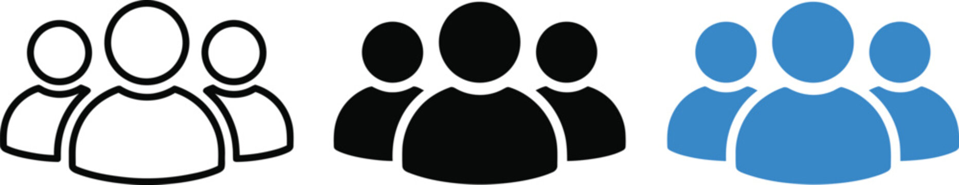 Three variations of a group of people icon, featuring outline, solid black, and solid blue styles, isolated on a clean white background