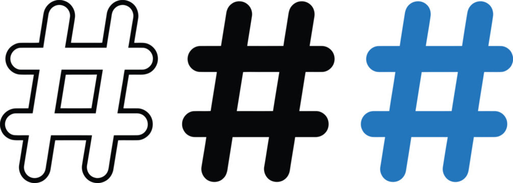 Three variations of a hashtag symbol icon used for social media, tagging, or digital in outline, solid black, and blue styles