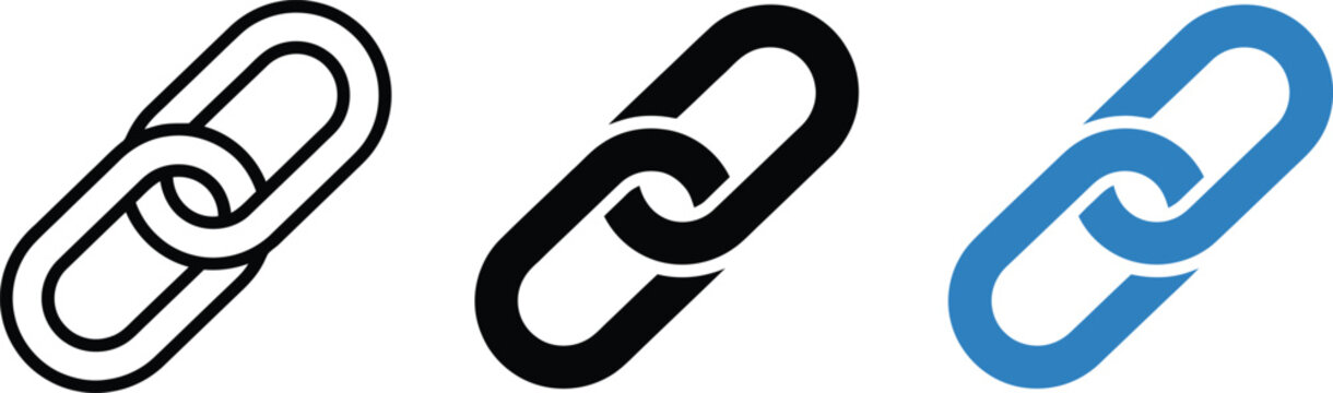 Three variations of a link chain icon representing connection, attachment, or web hyperlinks in outline, solid black, and blue styles