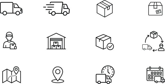Delivery service icons depict logistics transportation and package handling in a simple line style transport shipping parcel truck