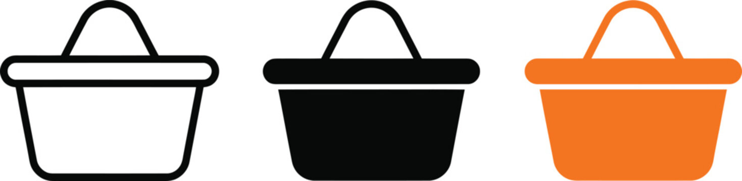 Three variations of a shopping basket icon with a handle, representing retail, e-commerce, purchasing, and consumer goods store interface
