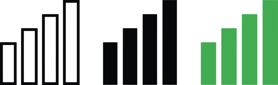 Three variations of a signal strength bar icon, featuring outline, solid black, and solid green styles, isolated on a clean white background