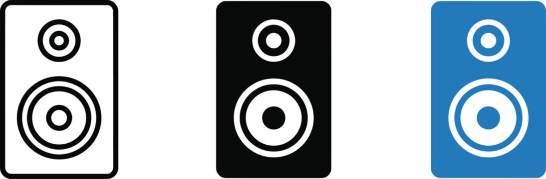 Three variations of a speaker or audio amplifier icon with two circular drivers, representing sound, music, media, and acoustic equipment