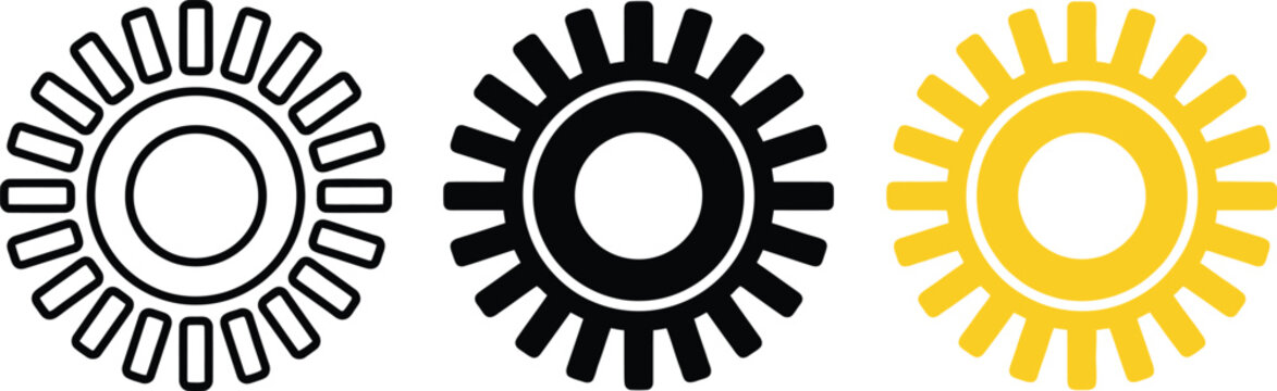 Three variations of a sun or gear icon, featuring outline, solid black, and solid yellow styles, isolated on a clean white background