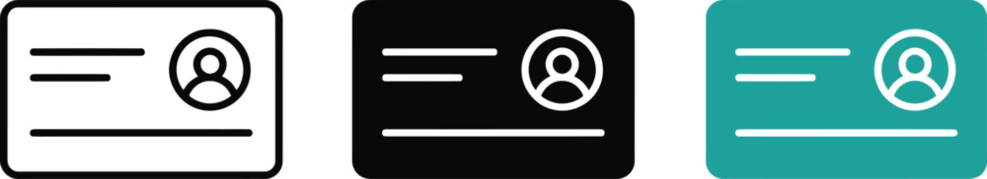 Three variations of an identification card icon featuring a user profile silhouette in outline, solid black, and solid teal on a white background
