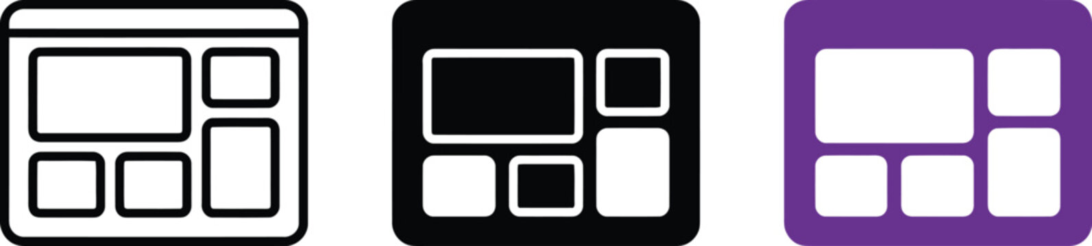 Three website layout or dashboard grid icons, presented in outline, solid black, and purple styles isolated on a white background, for web