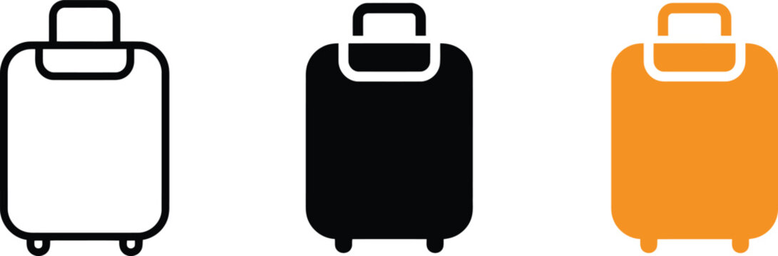 Travel suitcase icons in three variations including outline, solid black, and orange, representing luggage and vacation planning