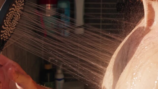 Adult Man Rinses Hairy Chest With a Handheld Shower in a Tiled Bathroom, Close View Supporting Daily Hygiene and Wellbeing
