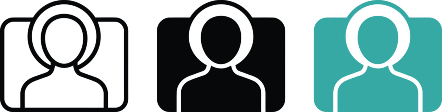 User profile avatar icons with halo or circle accents, presented in outline, solid black, and teal styles on a plain white background set