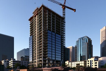 Fototapeta premium High - rise building under construction with exposed concrete core and tower crane in modern city