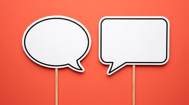 Two blank speech bubbles on wooden sticks isolated on vibrant orange background ready for text or social media messaging perfect for marketing campaigns communication concepts and creative design